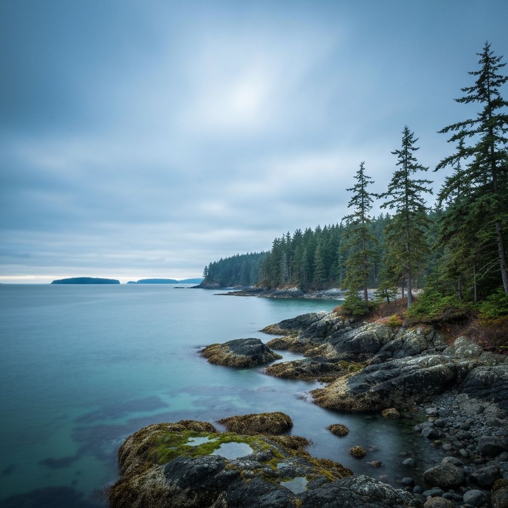 Bellingham Bay coastline with evergreen forests